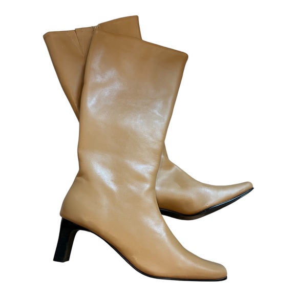 Leather Knee High Boots Size 8M Tan Heel Pointed Toe Classic Elegant Chic - Picture 1 of 9